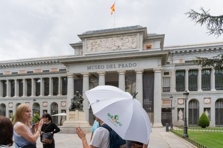 Grupo de tour guiado explorando las obras maestras en el Museo del Prado en Madrid.