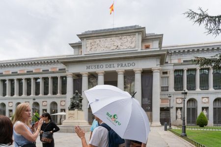 Grupo de tour guiado explorando las obras maestras en el Museo del Prado en Madrid.
