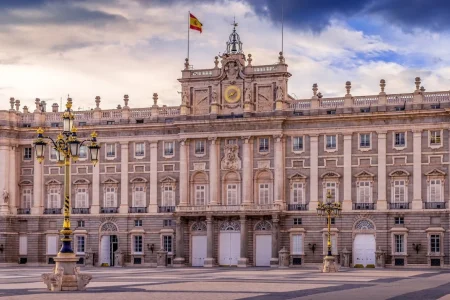 Royal Palace in Madrid, Spain, showcasing its grand architecture and historical significance.